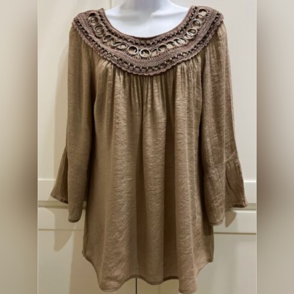 KRAZY KAT* boho Style 3/4 Sleeve Gauze Decorative Yoke A Line Top Size XL